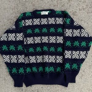 Blarney Woolen Mills Shamrock Sweater Mens MED Navy Green Made In Ireland Chunky